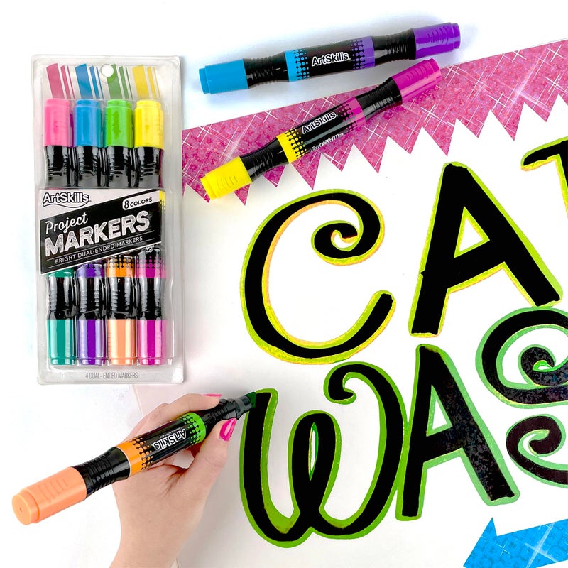 ArtSkills Jumbo Poster Markers for Kids, Neon Chisel Tip Markers, Dual-Tips, 8 Neon Colors, 4ct - Image 2